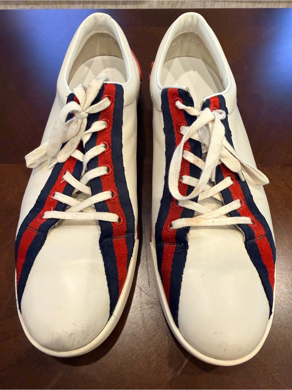 White Leather Gucci Sneakers with Red & Navy Stripe Accent